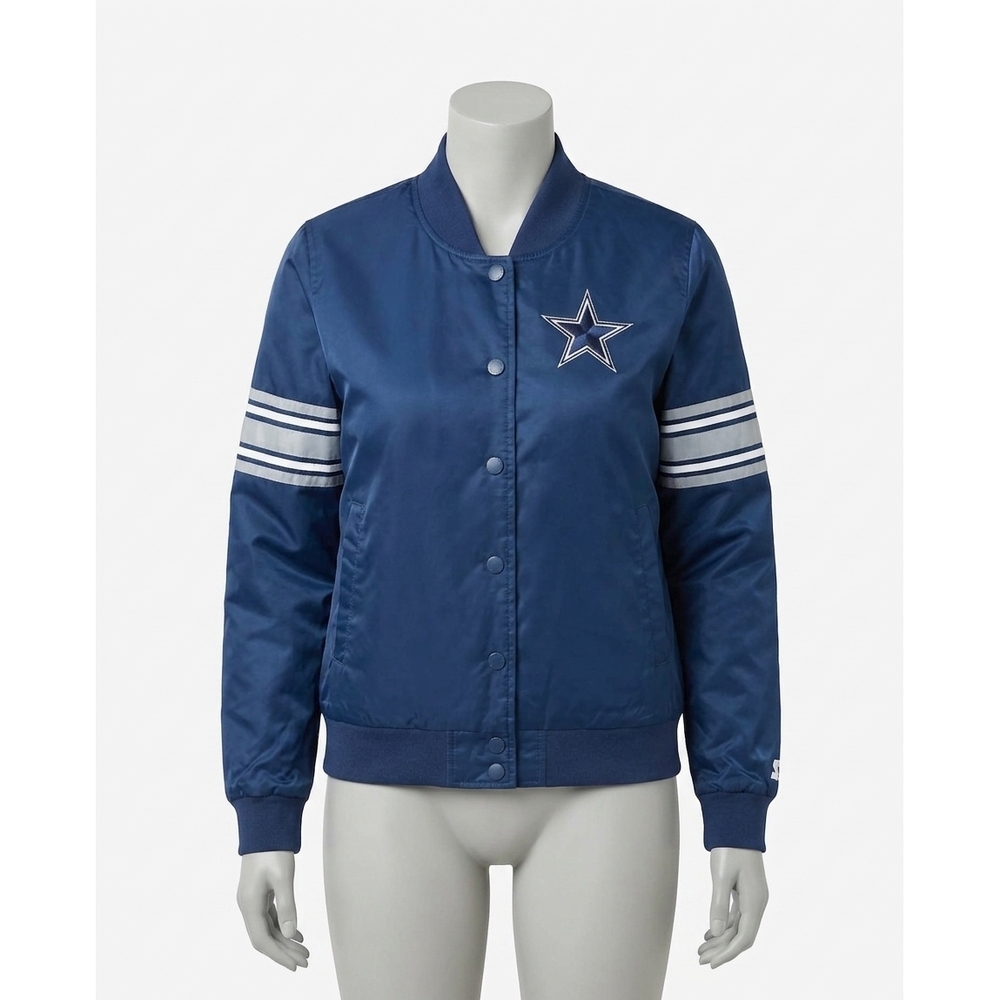 NEW STARTER womens dallas cowboys snap front striped sleeve jacket in navy